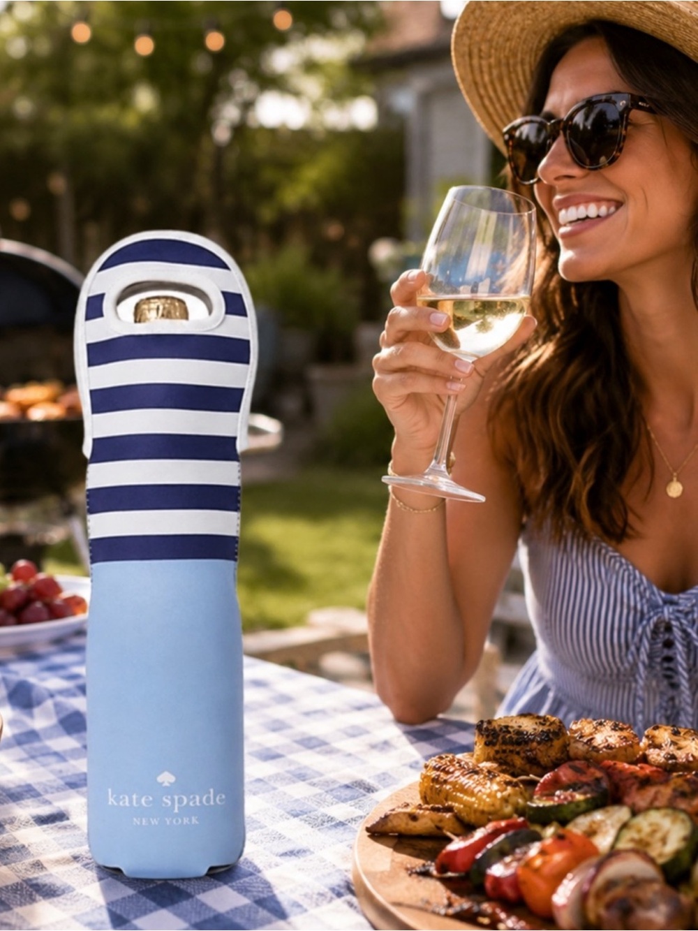 Kate Spade Wine Bottle Tote Bag Blue/White Neoprene